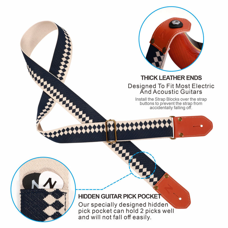 [AUSTRALIA] - Nefelibata Cool Woven Guitar Strap - Cotton Guitar Straps with Thicked First Layer Vegetable Tanned Cowhide Leather Ends for Acoustic, Bass, Electric, Best Gift for Your Love Guitarists (Diamond Blue) Diamond Blue 