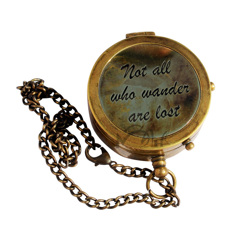 MAH Not All Who Wander are Lost Engraved Brass Compass with Leather Case, Pirates Compass, Magnetic Navigational Instrument. C-3271