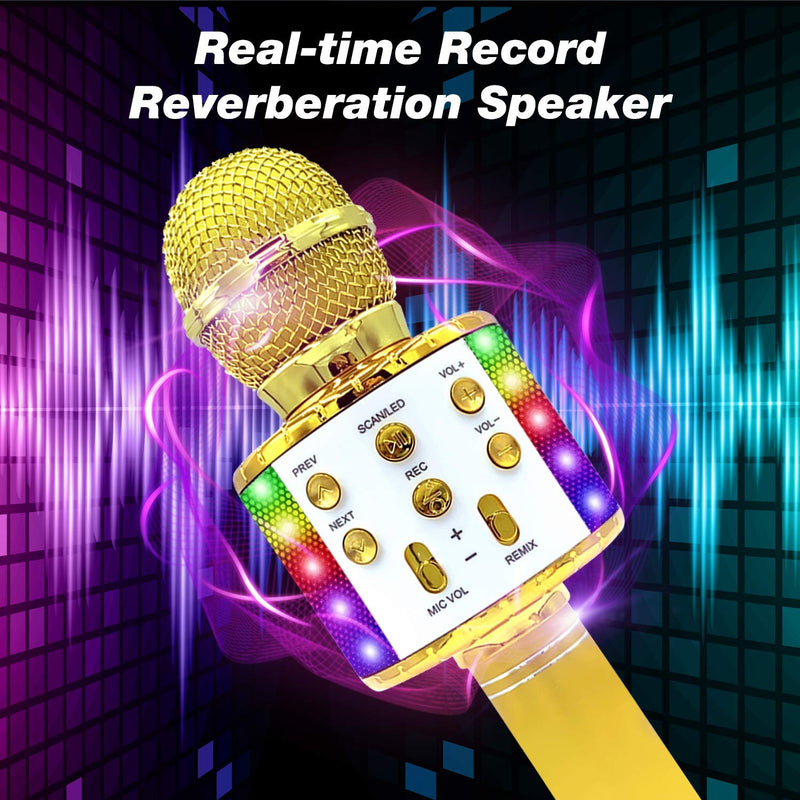 Bluetooth Wireless Karaoke Microphone with Multicolored LED Lights, Portable 4 in 1 Karaoke Machine Microphone for Adult Kids, for Android/iPhone/PC (Gold) Gold