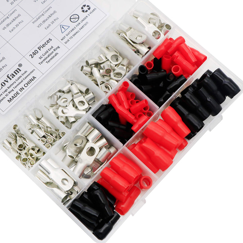 Heavy Duty Wire Lugs Battery Cable Ends 120Pcs Tinned Copper Eyelet Tubular Ring Terminal Connectors Assortment Kit with 120Pcs Insulating Sleeve