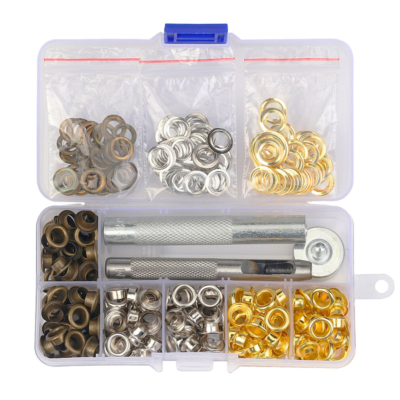 MEZOOM Grommet Kit 200 Set 1/4 Inch Inside Diameter Grommet Setting Tool Metal Eyelets with Storage Box for Shoe Clothes Leather Crafts,DIY Projects