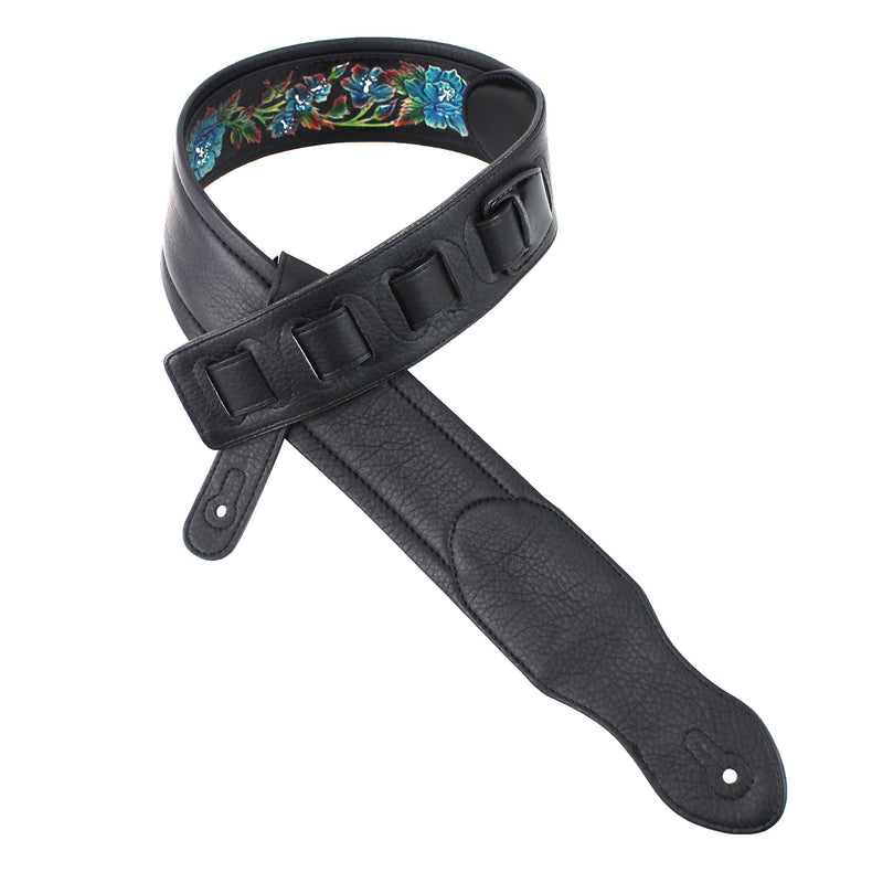 Walker And Williams KB-11 Gloss Black Strap w/Carved Cyan Blue Roses On Grain Leather