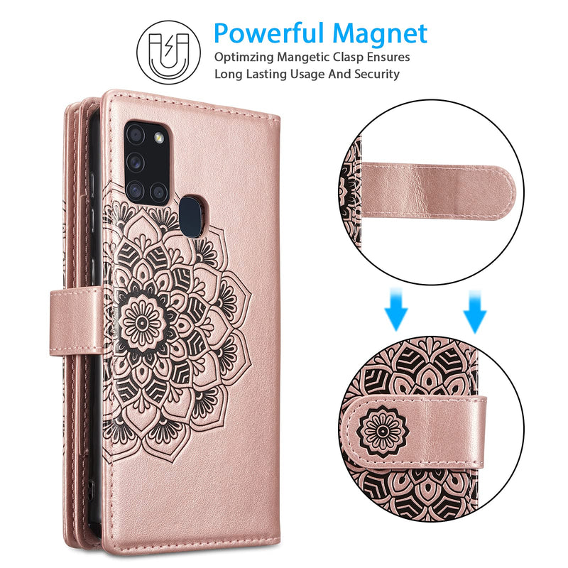 EYZUTAK Mandala Wallet Case for Samsung Galaxy S21 Ultra 5G,Detachable 2 in 1 PU Leather Flip Case with Magnetic Button Lanyard (9Card Slots+3Pockets+1Driver's License Pocket)-Rose Gold Rose gold