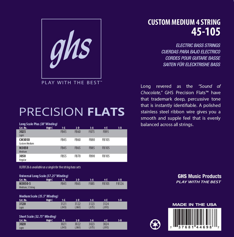 GHS Strings 4-String Bass Precision Flats, Stainless Steel Flatwound, 38" Winding, Custom Medium (.045.105) (CM3050)