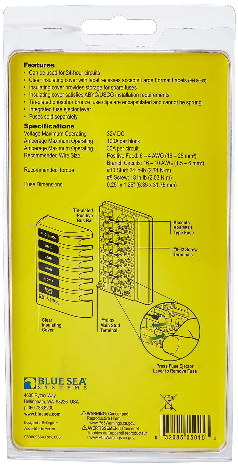 Blue Sea Systems - 5015 Fuse Block AGC 6-CIR W/Ground