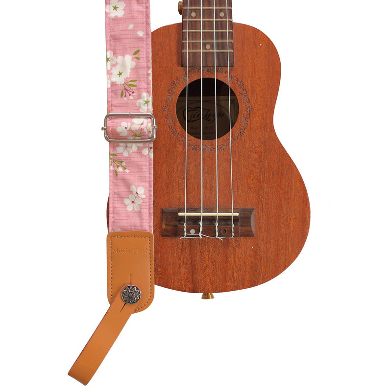 [AUSTRALIA] - MUSIC FIRST Original Design Vintage “Pink Sakura” Soft Cotton & Genuine Leather Ukulele Strap Ukulele Shoulder Strap With a MUSIC FIRST Genuine Leather Strap Locker 