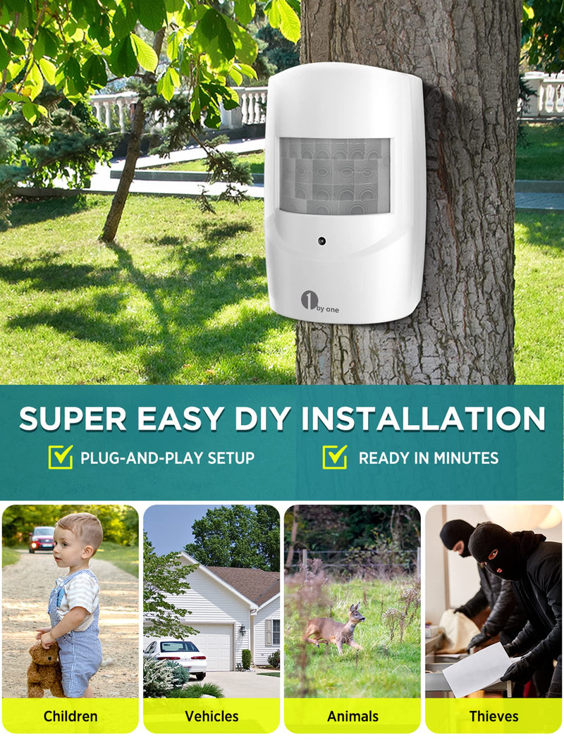 Driveway Alarm, 1byone Home Security Alert System with 36 Melodies, 1 Plug-in Receiver and 2 Weatherproof PIR Motion Detector, 1000ft Wireless Transmission Range and 24ft PIR Detection Range One Receiver Two Sensors