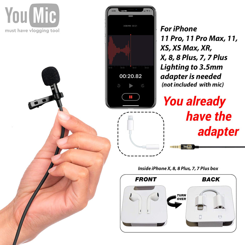 [AUSTRALIA] - Lavalier Lapel Microphone for iPhone X 8 7 Plus 6 6s 5 5s / iOS/Android | Mini Lav Mic with Clip on Youmic Single Microphone 