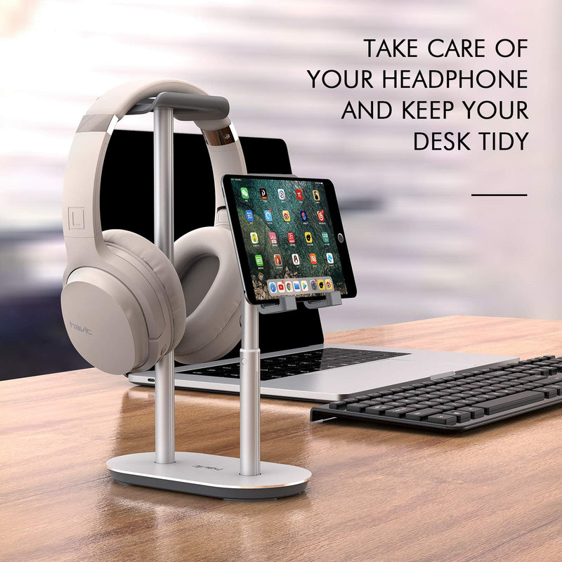 Havit Headphone Stand and Phone Holder Height & Angle Adjustable Gaming Headset Holder Mobile Phone & Tablet Mout Stand for Desk PC Gamer Offices and Desktop Silver