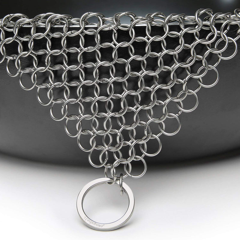 Amagabeli Cast Iron Cleaner 8"x6" Rectangle Metal Scrubber with Hanging Ring 316 Premium Stainless Steel Chainmail Scrubber for Cast Iron Pans CS03 8"x6"