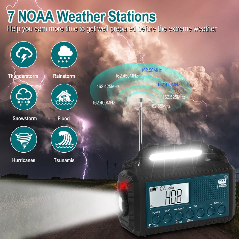 NOAA Emergency Weather Alert Radio, 5000 Large Capacity Hand Crank Solar Powered AM/FM/Shortwave Radio for Home, Portable LED Camping Flashlight Reading Lamp, Phone Charger Earphone Jack,SOS Alarm Blue