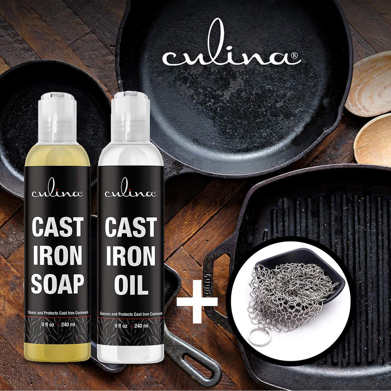 Culina Cast Iron Soap Set & Conditioning Oil & Stainless Scrubber | All Natural Ingredients | Best for Cleaning, Non-stick Cooking & Restoring | for Cast Iron Cookware, Skillets, Pans & Grills!…