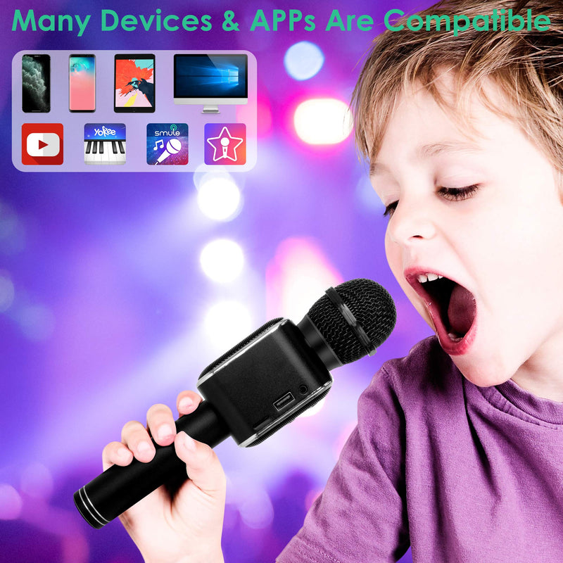 KIDWILL Wireless Bluetooth Karaoke Microphone 5 in 1 Handheld Karaoke Microphone with LED Lights, Portable Microphone for Kids Adults Birthday Party KTV Christmas (Black) Black