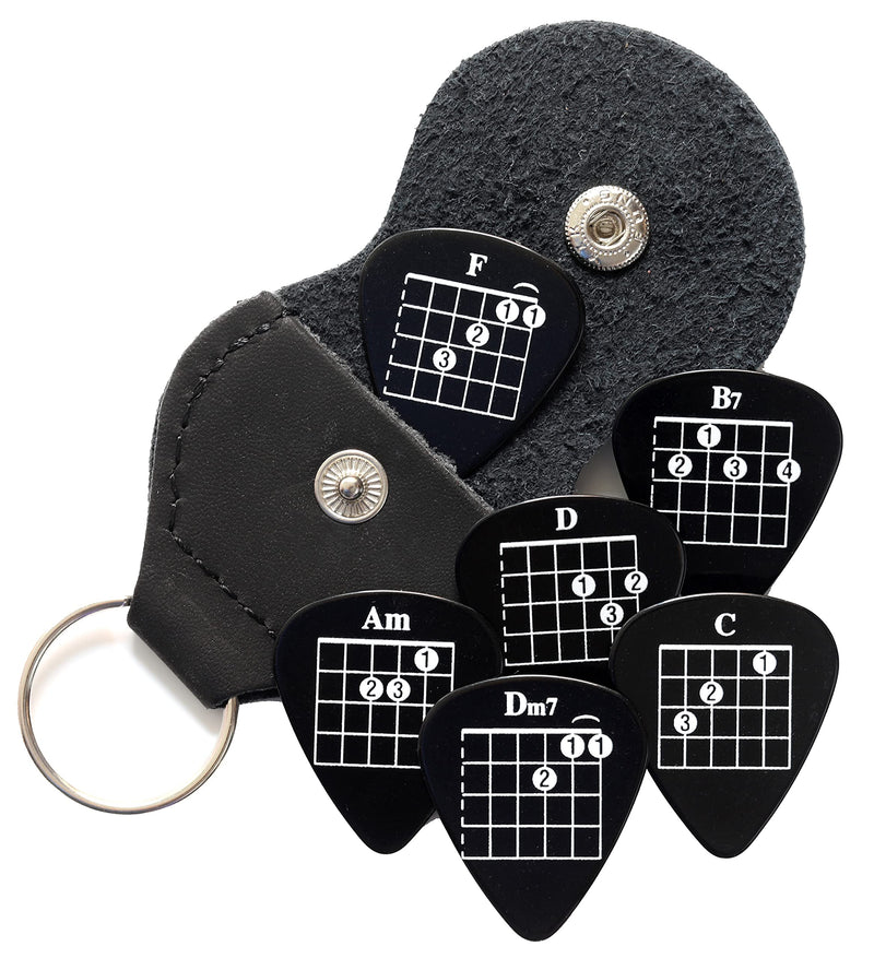 6 Black Chord Guitar Plectrums with Leather Keyring Pick Holder - Double Sided - Harmony Picks