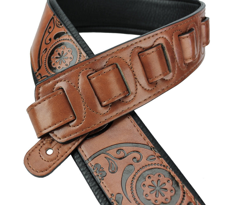 Walker & Williams GM-1277 Chestnut Brown Padded Guitar Strap with Embossed Skulls