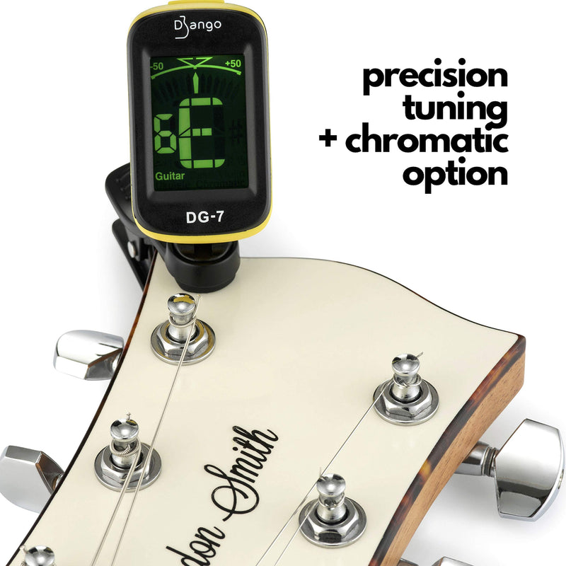 Django Guitar Tuner by Pick Geek | for Acoustic, Bass, Electric, Ukulele, Violin, & Classical Guitars | Fast and Accurate | Includes Chromatic Tuning | Clip-on and Easy To Use | Battery Included Django Tuner