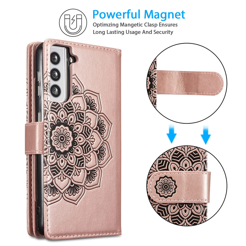 EYZUTAK Mandala Wallet Case for Samsung Galaxy S20 FE 5G,Detachable 2 in 1 PU Leather Flip Case with Magnetic Button Lanyard (9Card Slots+3Pockets+3Driver's License Pocket)-Rose Gold Rose gold
