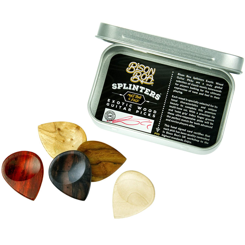 Wooden Guitar Picks - Splinters by Bison Boa - Exotic Multi-Tone 5 Pack
