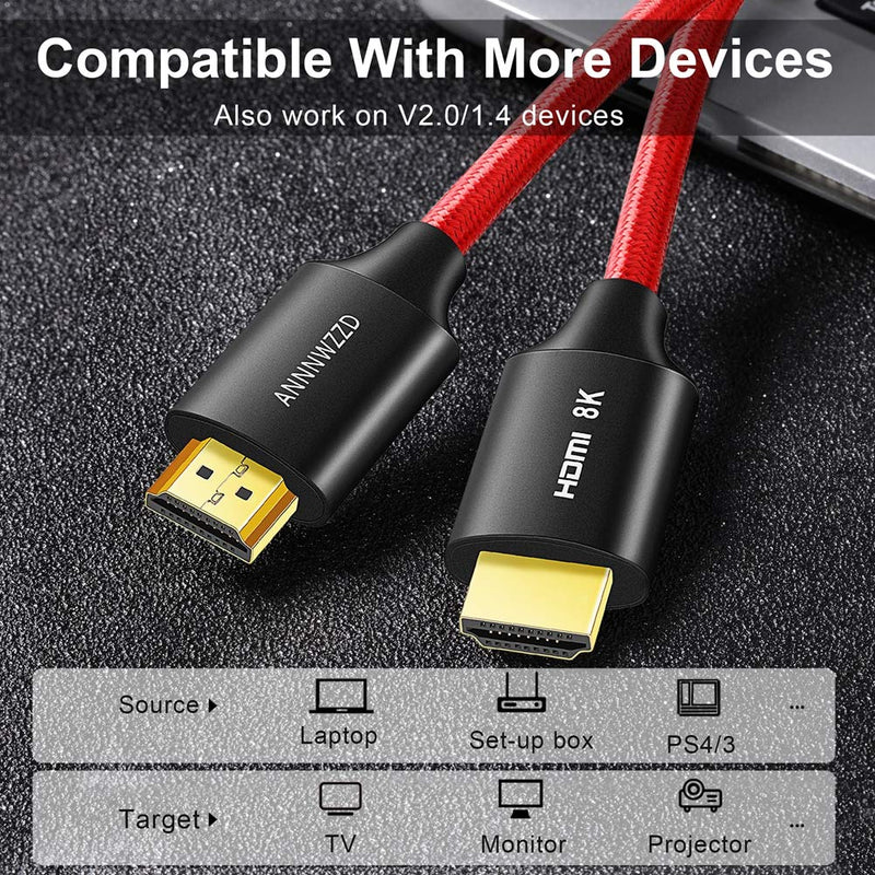 ANNNWZZD 8K HDMI Cable, HDMI 2.1 Cable High Speed 48Gbps 8K@60Hz (7680x4320) 4:4:4 HDR HDCP 2.2 e ARC PS4 Xbox (6ft, RED) 6ft