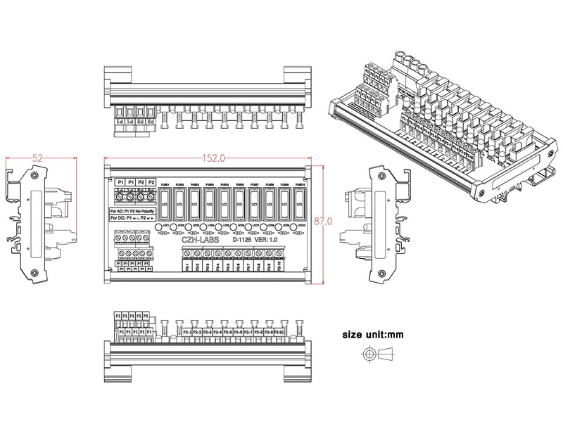 Electronics-Salon DIN Rail Mount 10 Position Power Distribution Fuse Module Board, for AC/DC 5~32V