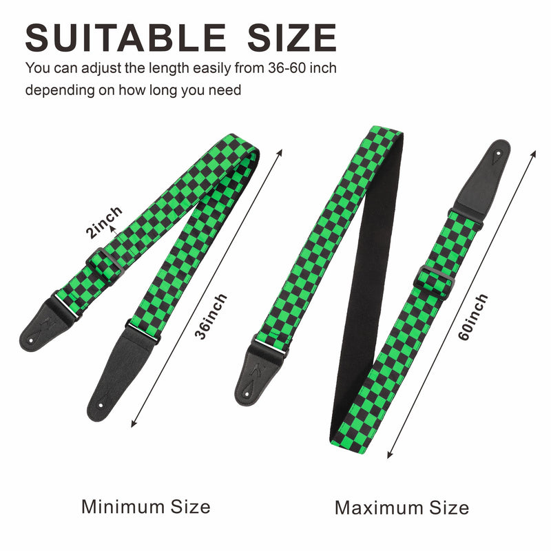 [AUSTRALIA] - Guitar Strap,Personalised Cotton Double Layer Cotton Guitar Straps with Longer Leather Ends for Bass, Electric & Acoustic, Best Gifts for Kids, Men & Women Guitarists (Green Grid) Green Grid 