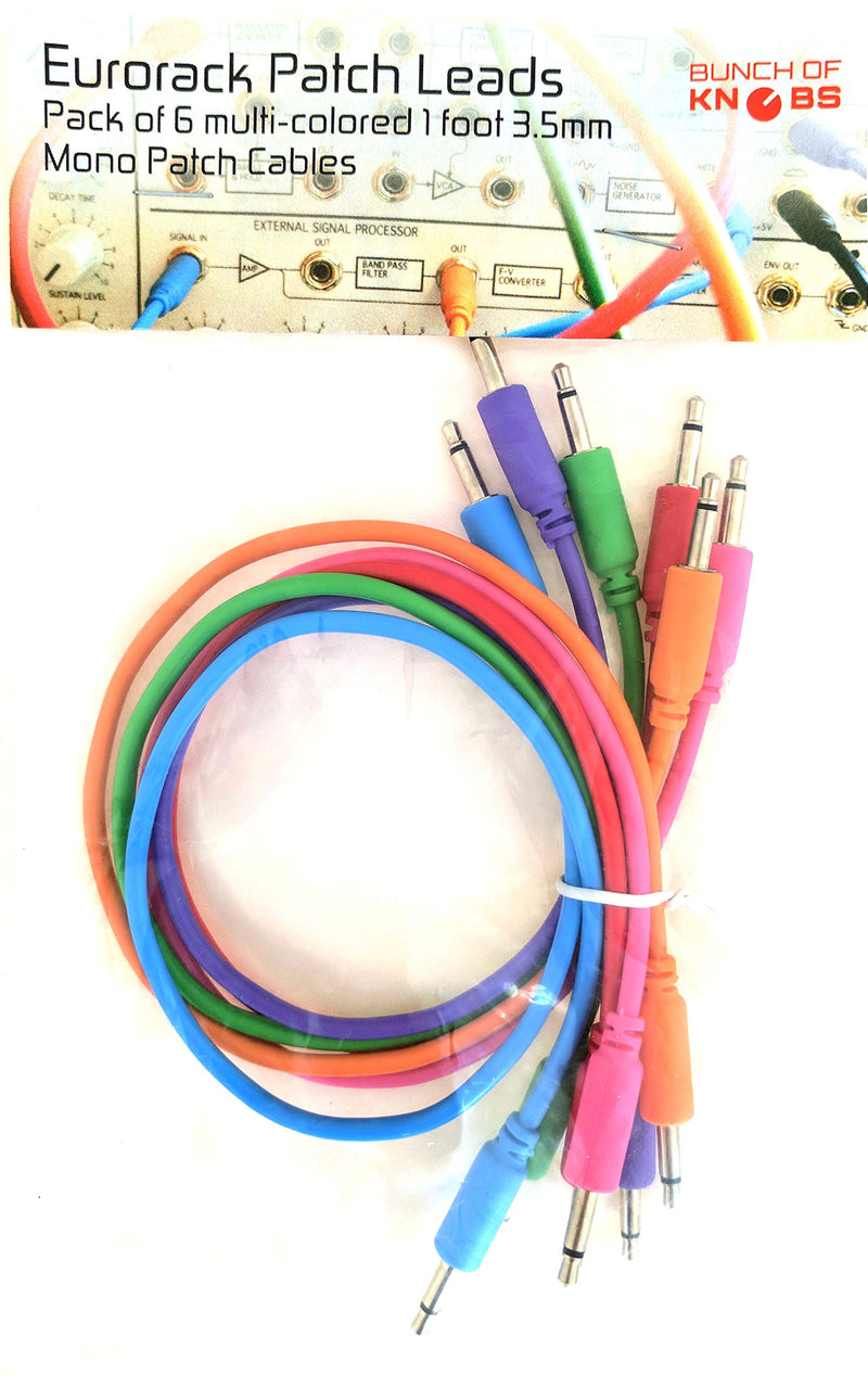 Eurorack Patch Leads. Pack of 6 Multi-Colored 3.5mm Mono Patch Cables (1 Foot) 1 foot