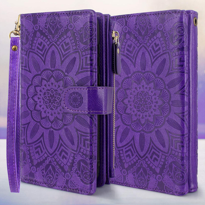 [AUSTRALIA] - Harryshell Detachable Magnetic Zipper Wallet Leather Case Cash Pocket with 12 Card Slots Holder Wrist Strap for Samsung Galaxy S21+ S21 Plus 5G 6.7 Inch (2021) G996U Floral Flower (Purple) Purple 