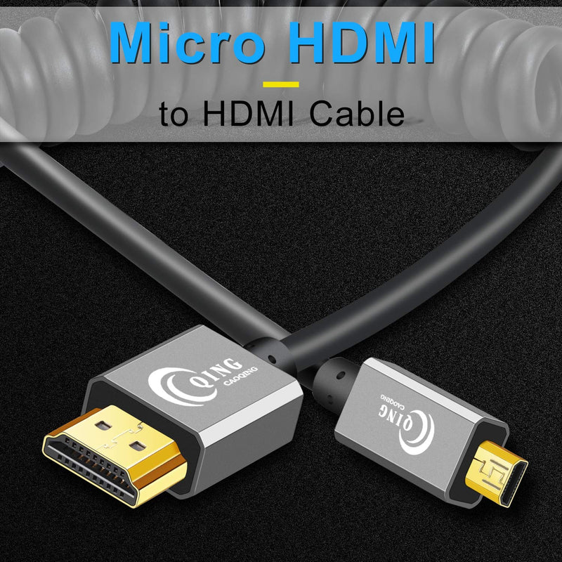 QING CAOQING Micro HDMI to HDMI Spring Wire Cable, High Speed HDMI Cable 18Gbps Support 4K, 3D, Ethernet, Audio Return，Compatible with GoPro, Gopro Hero and Other Action Camera/Cam (3FT) 1M