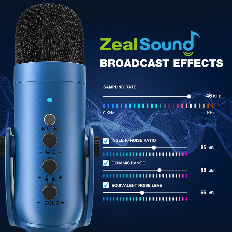 ZealSound USB Microphone,Condenser Gaming Mic for Phone/Laptop/PC/PS4/5/Computer,Microphone with Gain Knob,LED Mute,Monitor Volume Adjustment,Stand Base for Streaming, Podcast, Studio Recording (Blue) Blue