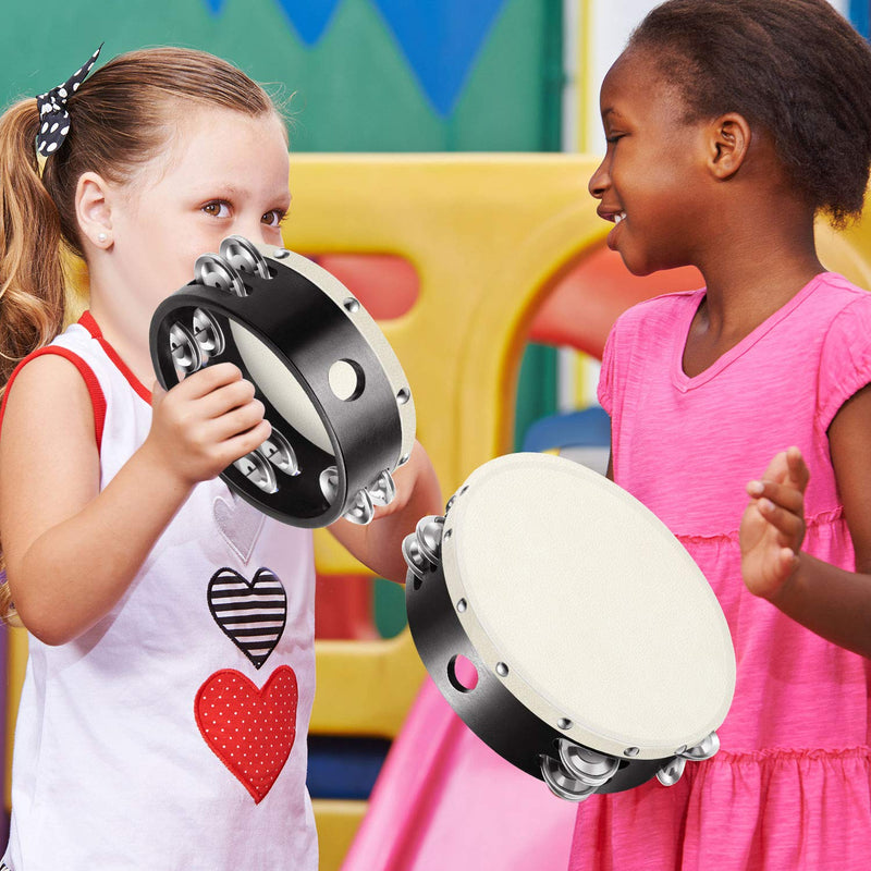 2 Pieces (6 Inch and 8 Inch) Wood Handheld Tambourine Double Row, Tambourines with Jingle Bells(Black) Black