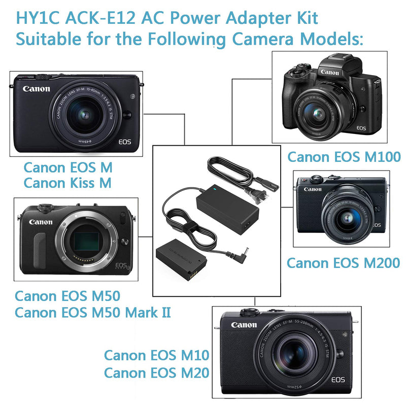 HY1C ACK-E12 AC Power Adapter LP-E12 DR-E12 Dummy Battery Coupler Kit for Canon EOS M50 Mark II M2 M10 M50 M100 M200 Cameras.