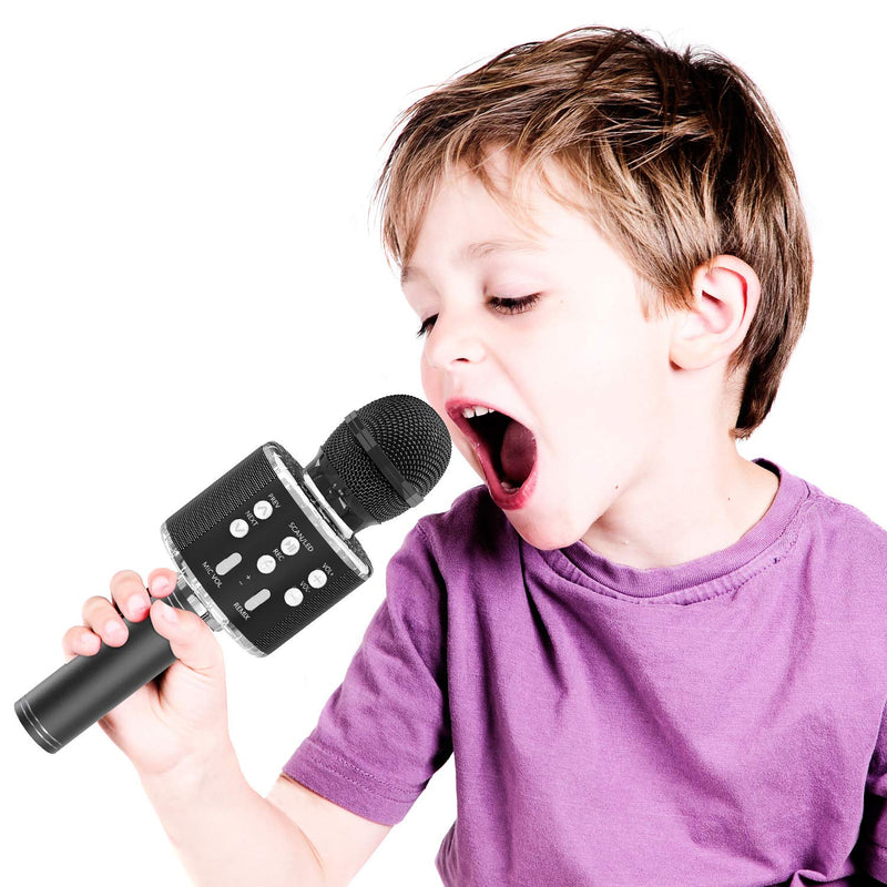 OVELLIC Karaoke Microphone for Kids, Wireless Bluetooth Karaoke Microphone with LED Lights, Portable Handheld Mic Speaker Machine, Great Gifts Toys for Girls Boys Adults All Age (Black) Black