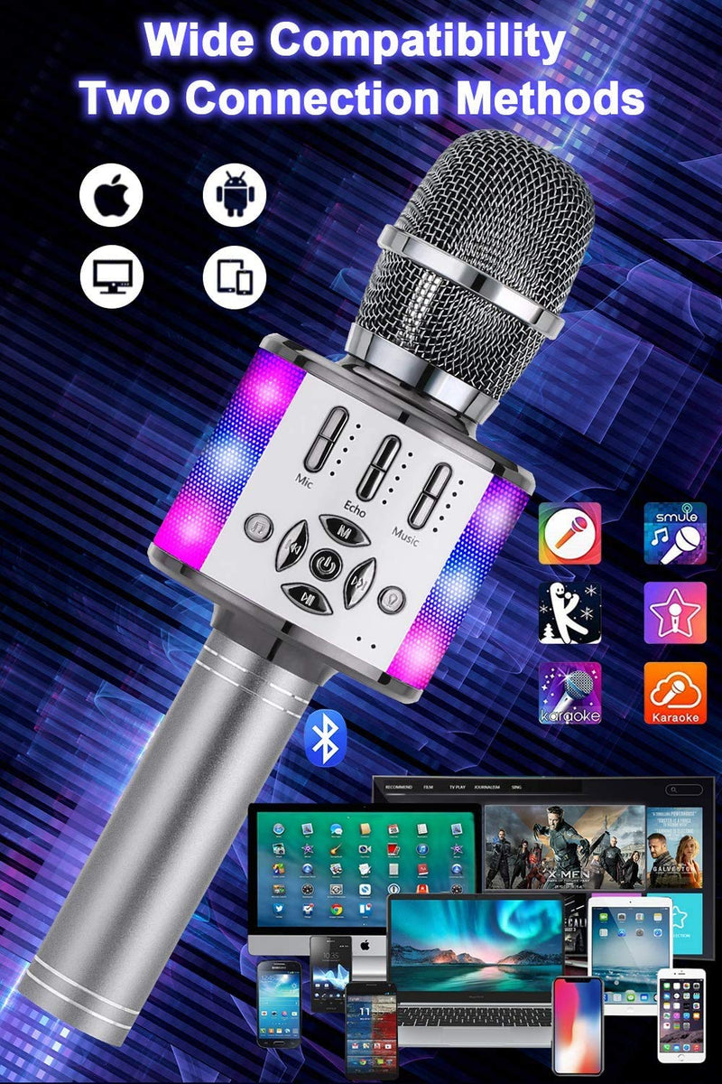 BONAOK Wireless Microphone Bluetooth, Lyrics (Voice) Elimination Karaoke Wireless Mic, Mic with Led Lights, Home Party KTV Karaoke Machine,Compatible with IOS Android Bluetooth Devices(Space Gray) Space Gray
