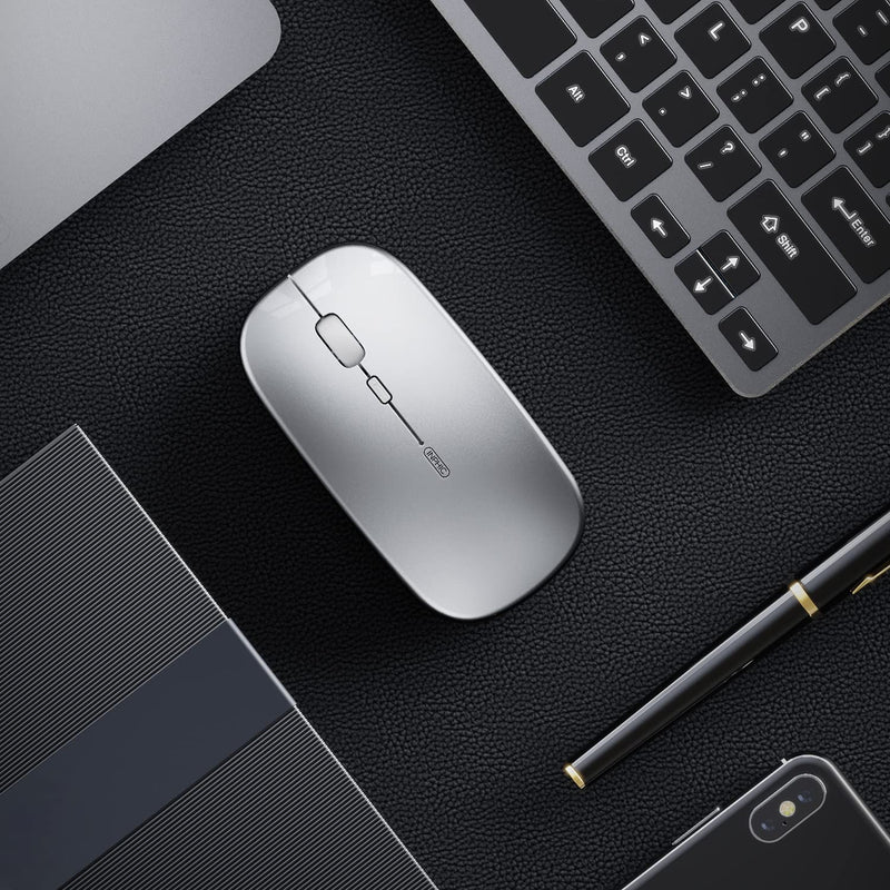 Bluetooth Mouse, INPHIC Multi-Device Slim Silent Rechargeable Bluetooth Wireless Mouse (Tri-Mode: BT 5.0/4.0+2.4G), 1600DPI Portable Mouse for MacBook Laptop Android Tablet Windows PC iPadOS, Silver