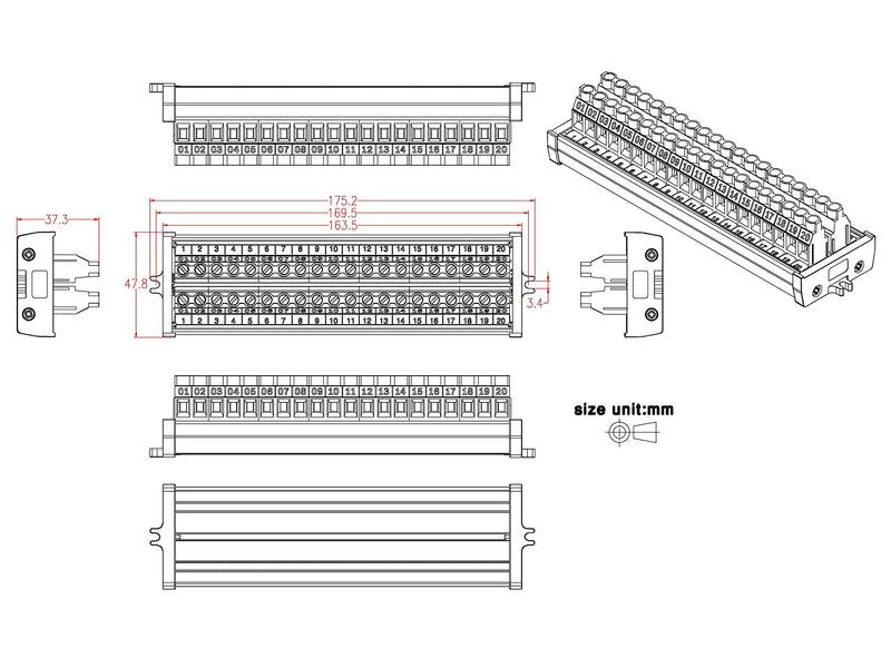 Screw Mount 30A/300V 20 Position Screw Terminal Block Distribution Module