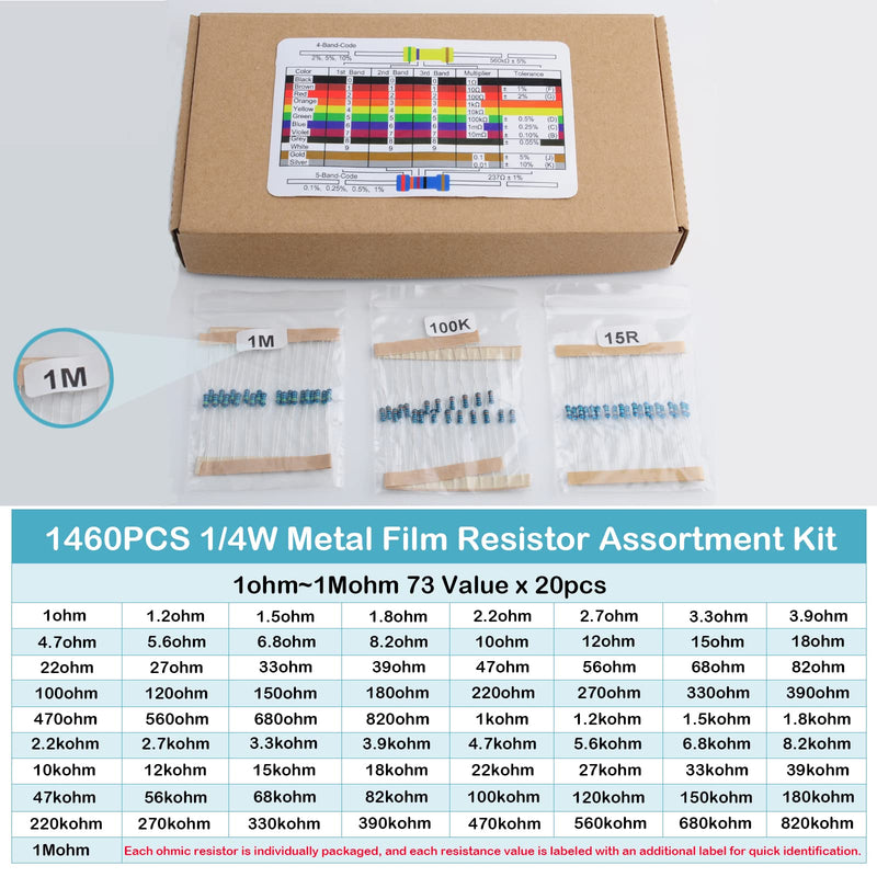 1460Pcs 1/4W 73 Values 1% Precision Metal Film Electronic Resistor Assortment Kit Set 1ohm-1Mohm Geekstory
