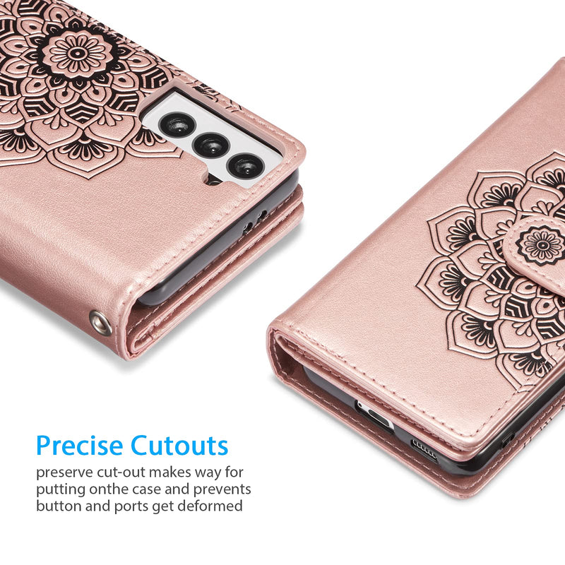 EYZUTAK Mandala Wallet Case for Samsung Galaxy S20 FE 5G,Detachable 2 in 1 PU Leather Flip Case with Magnetic Button Lanyard (9Card Slots+3Pockets+3Driver's License Pocket)-Rose Gold Rose gold
