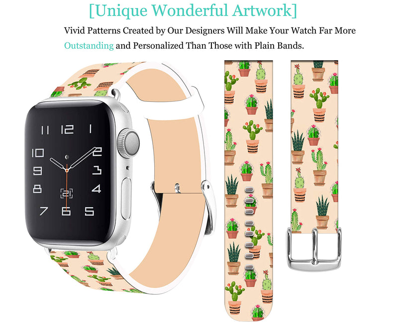 Strap Compatible with Apple Watch Series SE/7/6/5/4/3/2/1 42mm/44mm - ENDIY Designer Leather Fashionable Band Replacement Compatible with iWatch Women Men Pattern Lovely Cute Cactus Pattern Brilliant Cactus 44mm/42mm