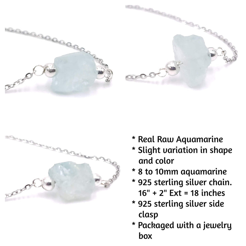 Natural raw aquamarine chain pendant necklace, with 925 sterling silver 18 inches chain march birthstone dainty necklace, uniquelan jewelry