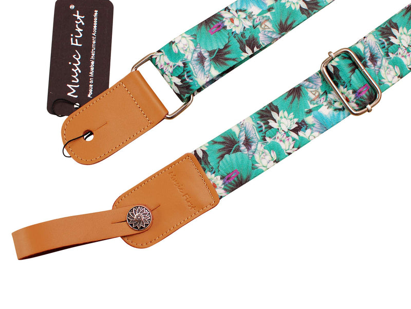 MUSIC FIRST Original Design “LOTUS” Soft Nylon & Genuine Leather Ukulele Strap Ukulele Shoulder Strap With a MUSIC FIRST Genuine Leather Strap Locker