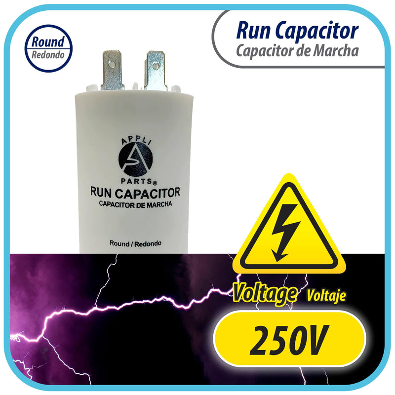 Appli Parts Run Capacitor for electric motors 45 Mfd uF (microfarads) 250VAC Plastic Case with terminals CBB60 Round Universal fit water pumps and others 4-1/4 in High 1-3/4 in Wide CON-45-250-P 45 Mfd 250v
