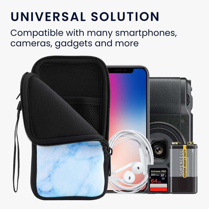 kwmobile Neoprene Sleeve for Smartphone Size XL - 6.7/6.8" - Shock Absorbing Pouch Case - Protective Phone Bag - Marble White/Blue/Light Blue Marble 02-04-23