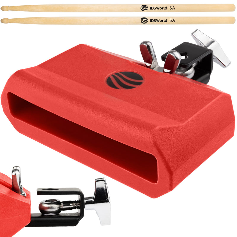 Idsworld Jam Drum Block Latin Percussion Red Plastic Musical Instrument Adjustable Mount Bracket with A5 Maple Drum Sticks Set