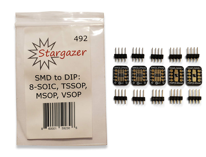 Stargazer SMD to DIP Breakout for SOIC-8, TSSOP-8, MSOP-8, and VSOP-8 with Gold Plated Headers [5 Pack]