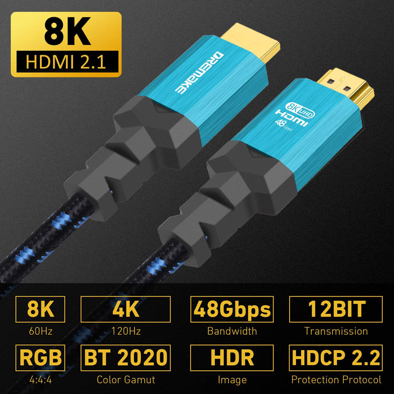 DREMAKE Certified HDMI 2.1 Cable 1.5M, HDMI Cable UHD 8K@60Hz 4K@120Hz, 48Gbps High Speed Support RGB4:4:4, Dolby Vision, Dynamic HDR, eARC for HDTV, Xbox Series X/S, Blu-ray Player - Black/Blue Tweed