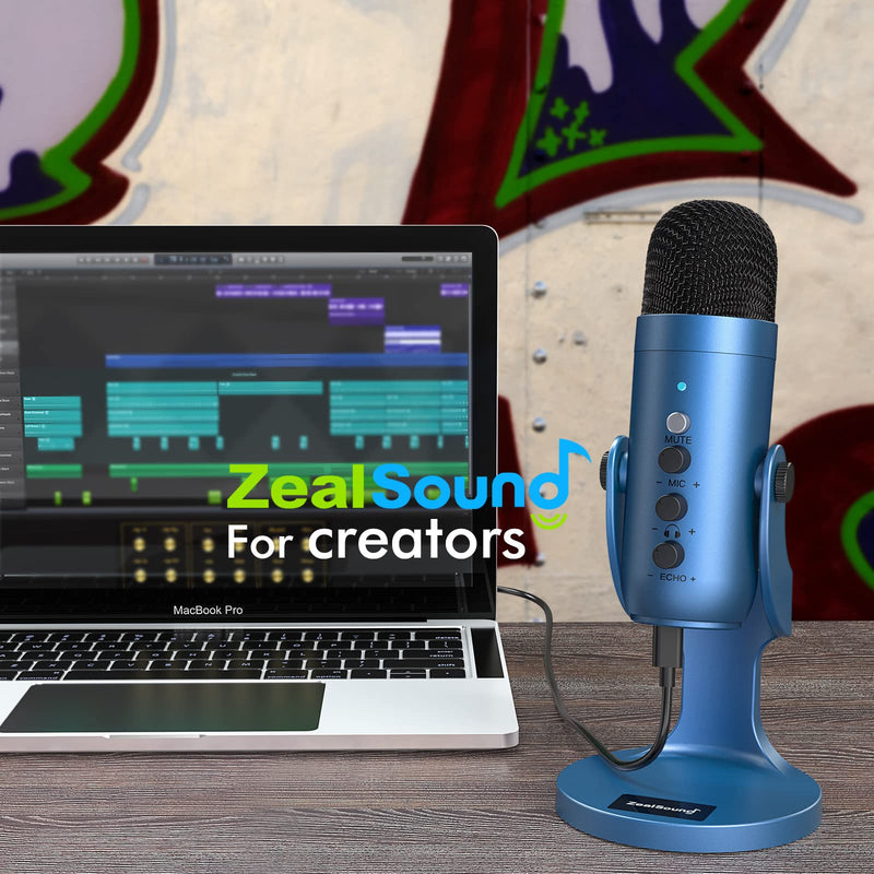 ZealSound USB Microphone,Condenser Gaming Mic for Phone/Laptop/PC/PS4/5/Computer,Microphone with Gain Knob,LED Mute,Monitor Volume Adjustment,Stand Base for Streaming, Podcast, Studio Recording (Blue) Blue