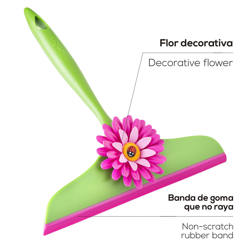 [AUSTRALIA] - Vigar Flower Power Squeegee, Pink and Green, 9 inches, Space-Saving Hanging Hole for Quick-Drying 