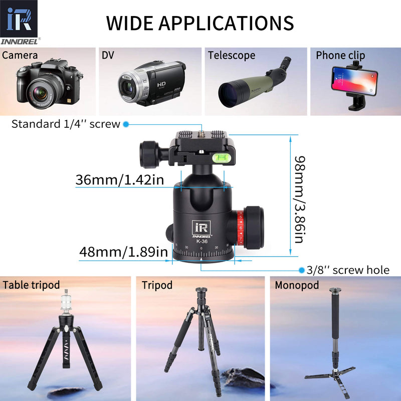 36mm Tripod Ball Head Universal Ballhead INNOREL K36 CNC Aluminum Alloy Professional Structure with Two 1/4" Screw Arca Swiss Quick Release Plates Max Load 26.5lb/12kg for Camera,DV,Telescope,Monopod