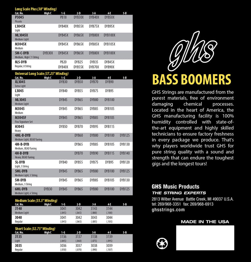 GHS BASS BOOMERS String Set For Electric Bass - 5-String - 5M-C-DYB - Medium High C - 030/100