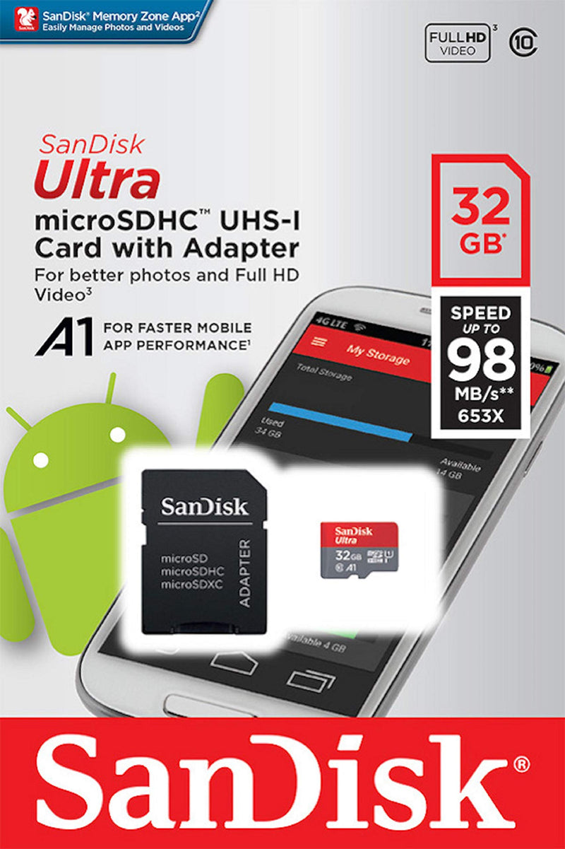 SanDisk 32GB Ultra microSDHC UHS-I Memory Card with Adapter - 98MB/s, C10, U1, Full HD, A1, Micro SD Card - SDSQUAR-032G-GN6MA